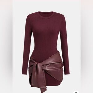 NWT MICAS Burgundy Long Sleeve Faux leather skirt Dress